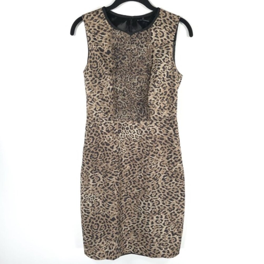 Elie Tahari Sheath Dress Brown Animal Sleeveless Ruffle Bodice Scoop Neck Midi 2